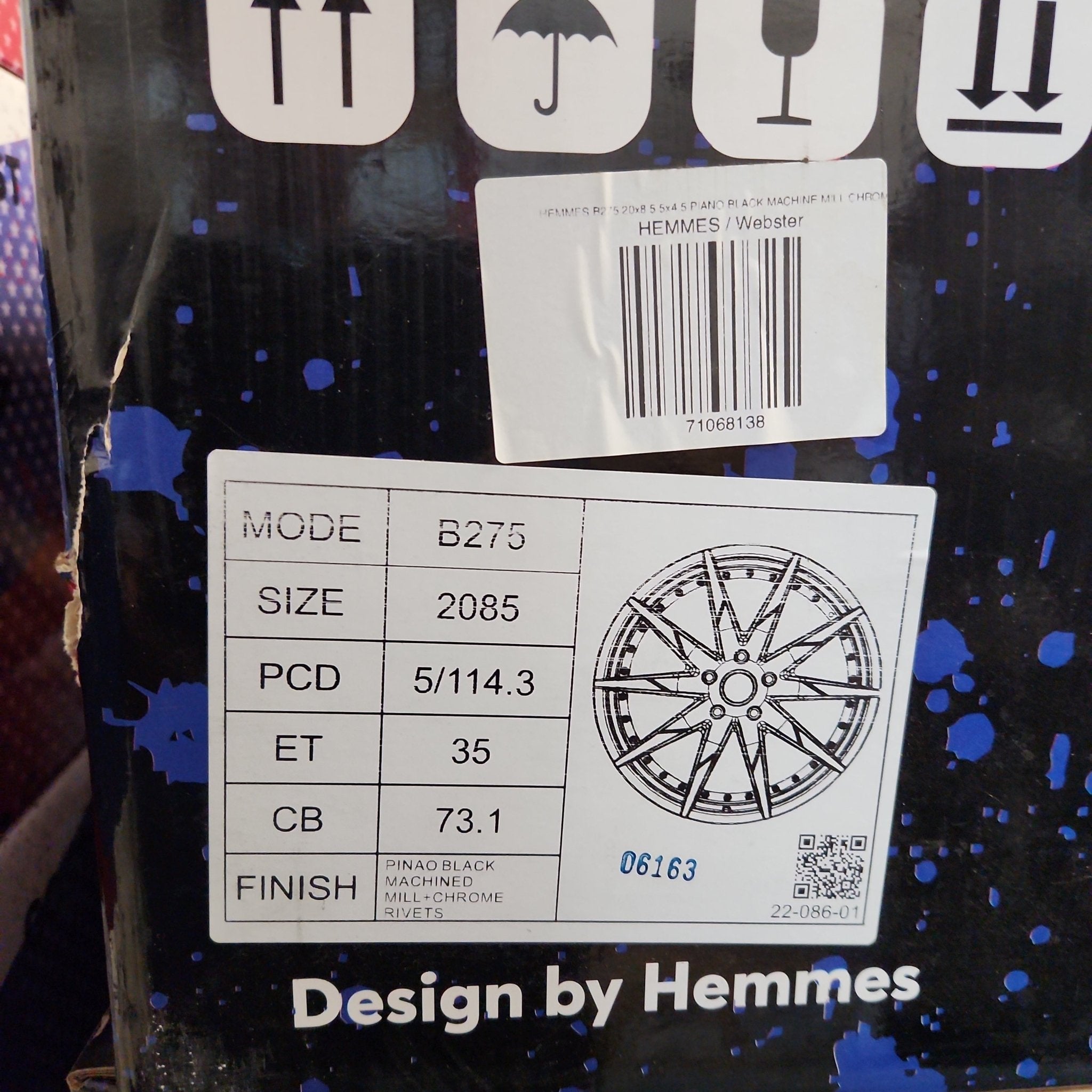 HEMMES B275 20x8.5 5x4.5 PIANO BLACK MACHINE MILL CHROME RIVETS