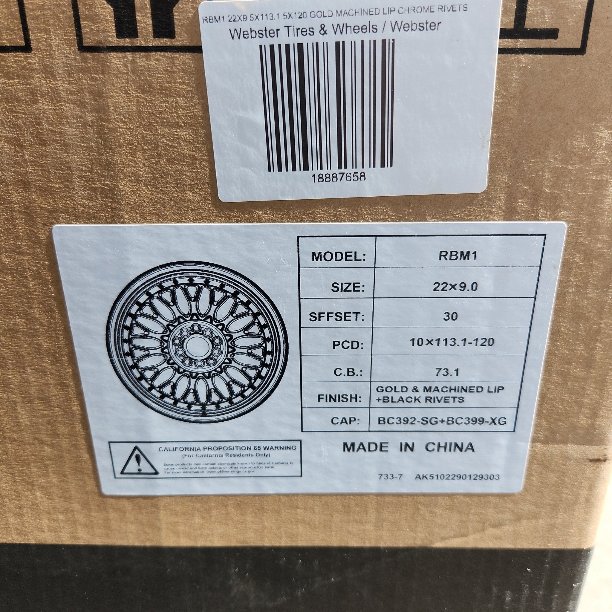 RBM1 22X9 5X112 5X114.3 5X120 GOLD MACHINED LIP CHROME RIVETS