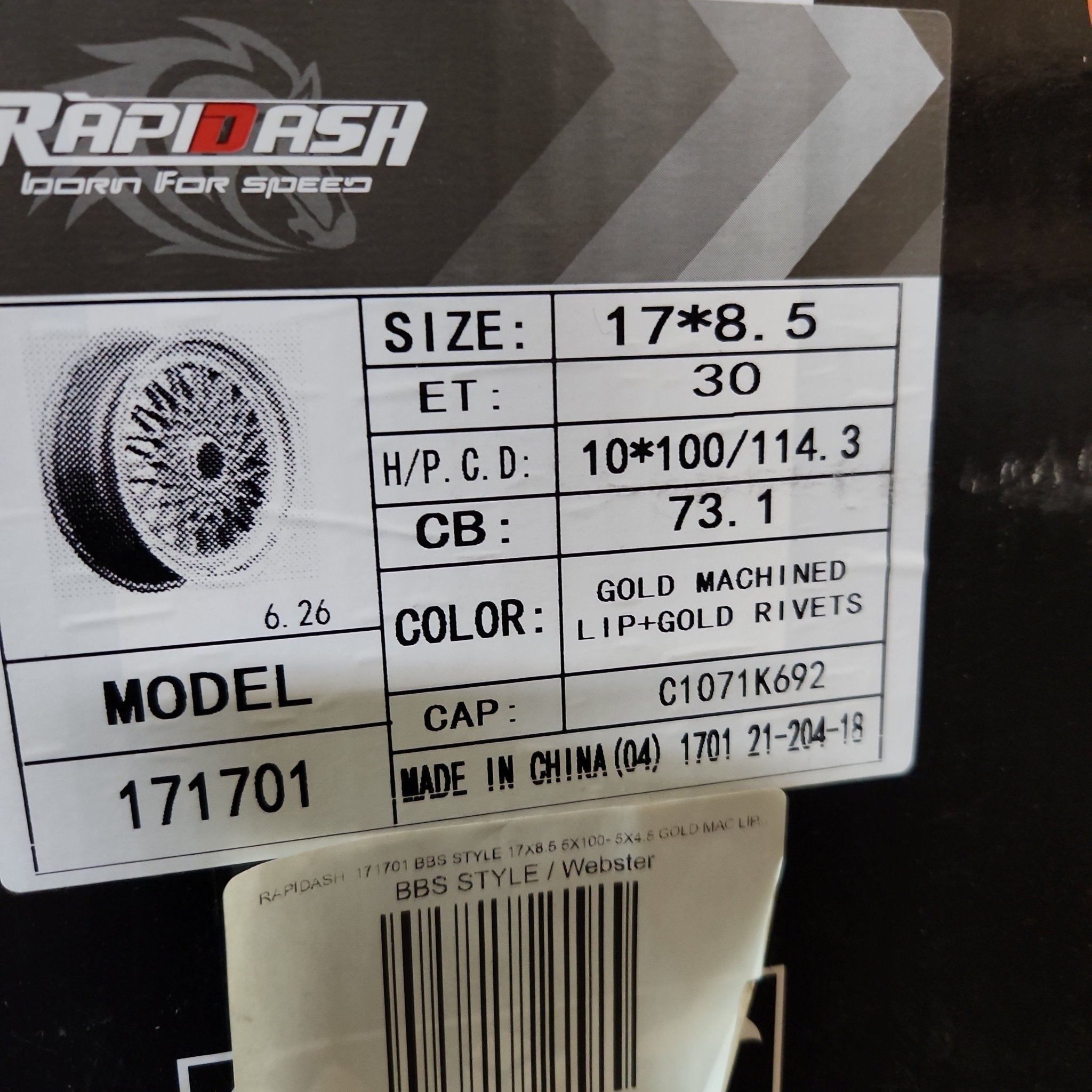 RAPIDASH 171701 17X8.5 5X100- 5X4.5 GOLD MAC LIP, GOLD RIVETS
