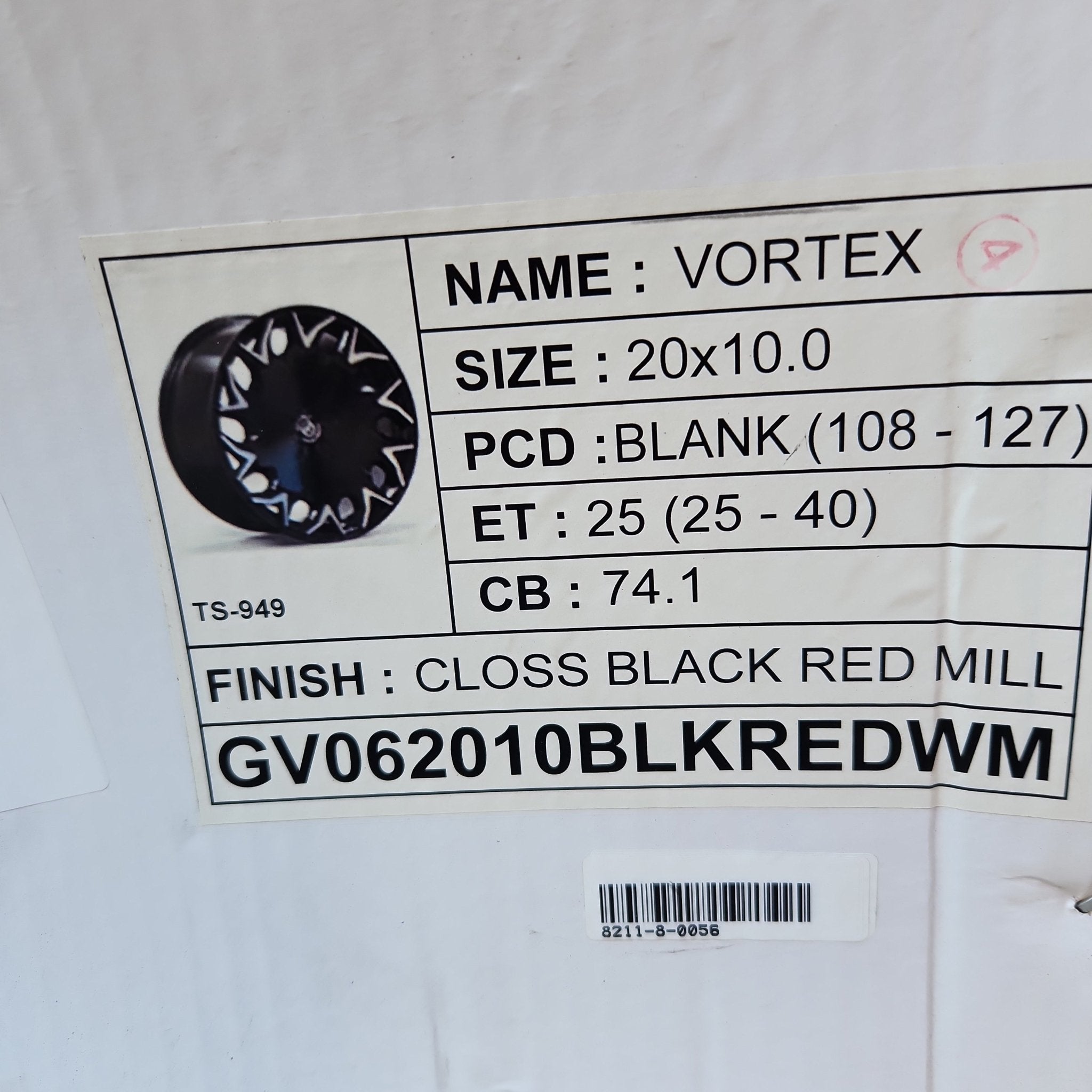 GWG VORTEX GV06 20x10.0 BLANK (5x108 - 5x127) GLOSS BLACK RED MILL