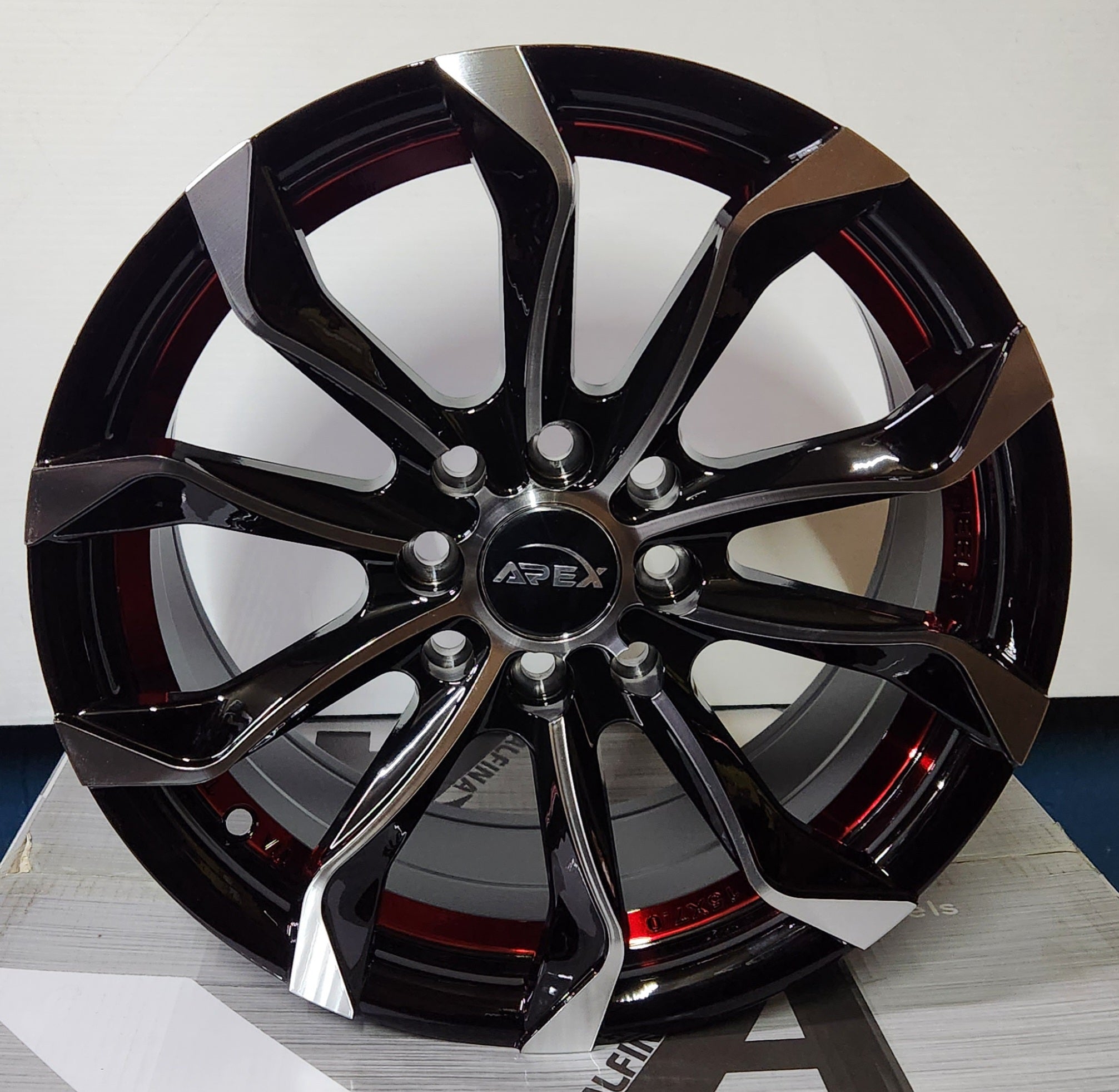 WM-S510 15X7.0 4X100 4X114.3 PIANO BLACK MACHINED FACE WITH RED UNDERCUT