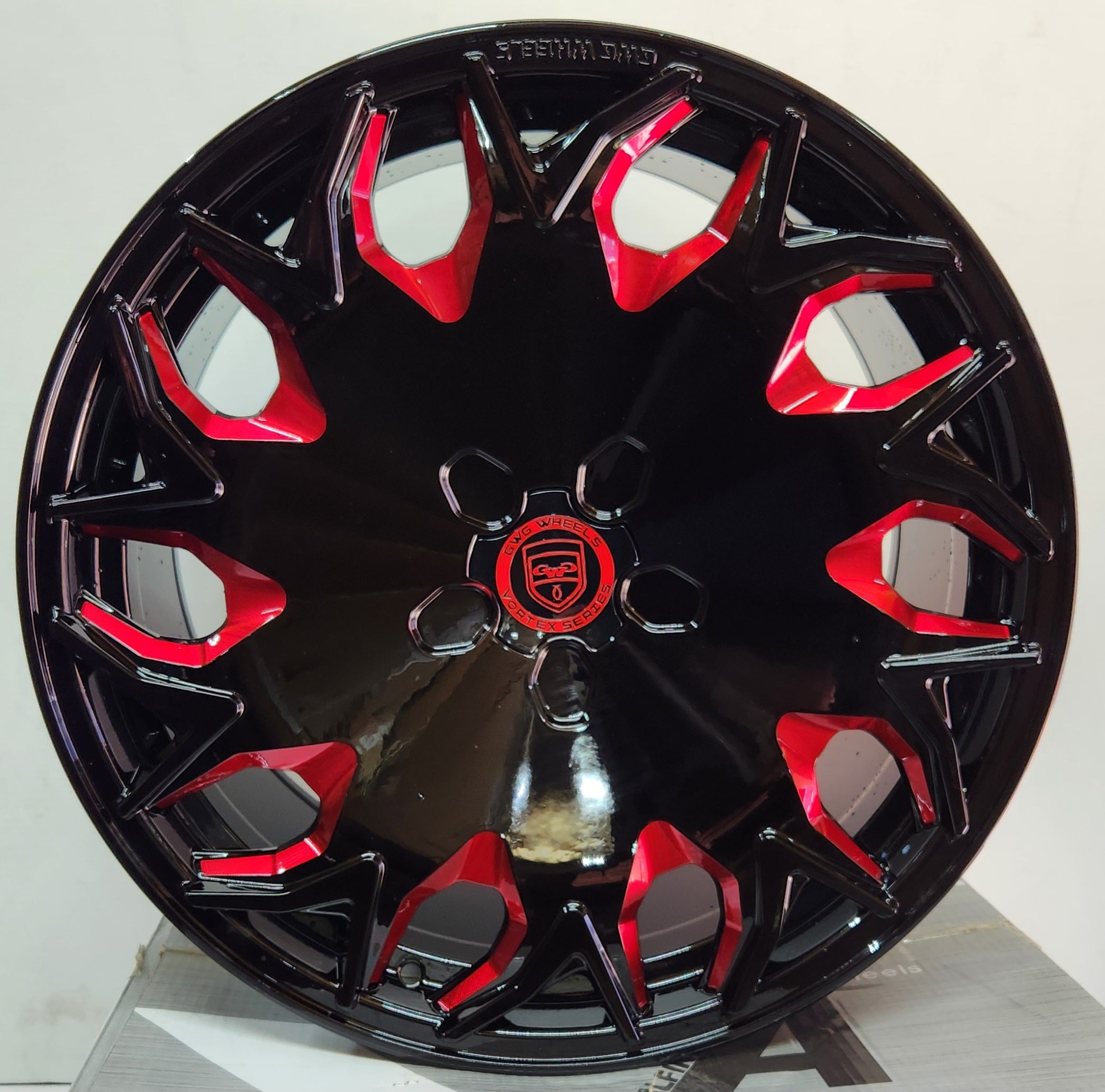 GWG VORTEX GV06 20x10.0 BLANK (5x108 - 5x127) GLOSS BLACK RED MILL
