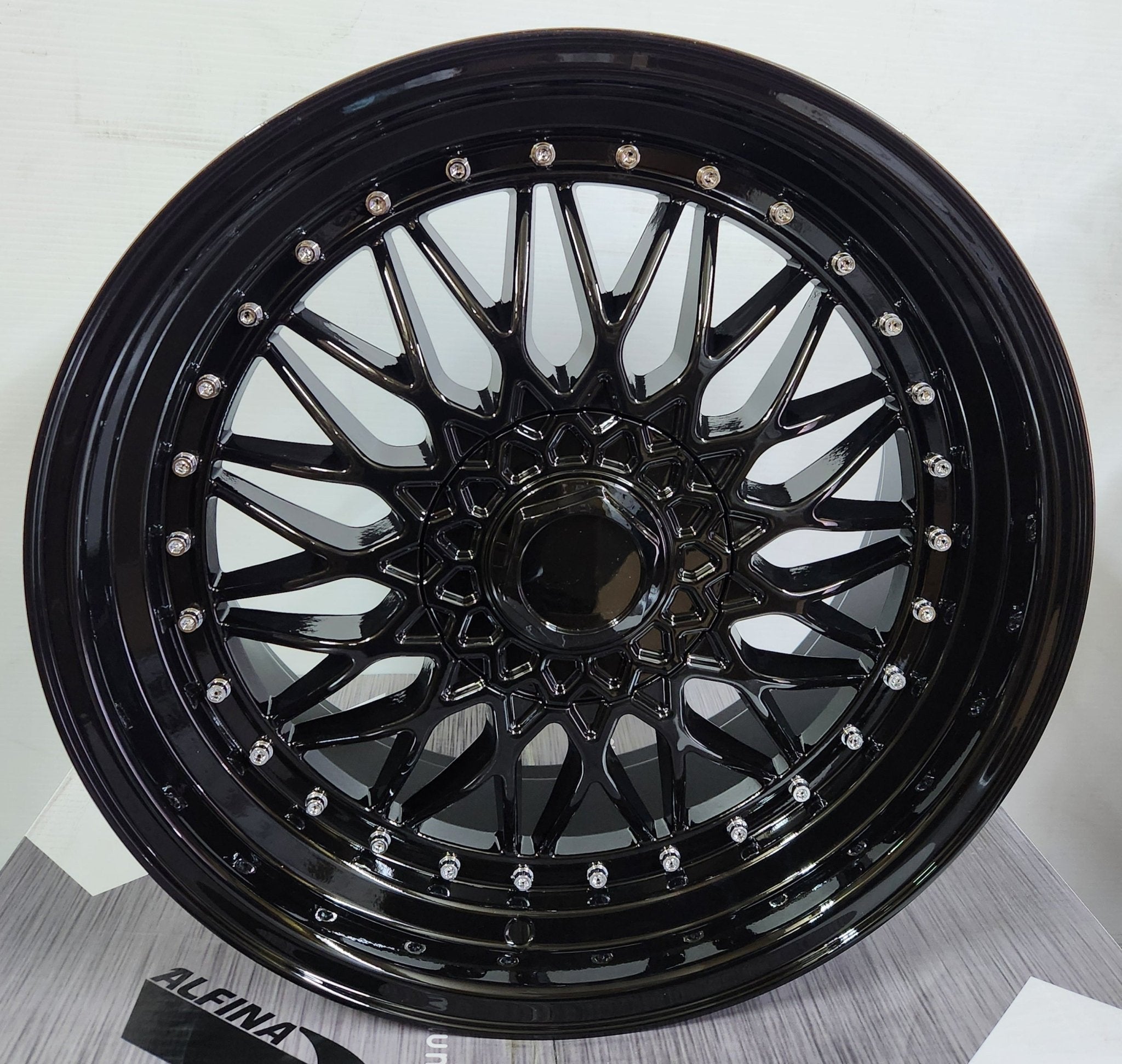 RS REP 18x8.0 5x100 / 5x112 / 5x114.3 GLOSS BLACK + CHROME RIVETS