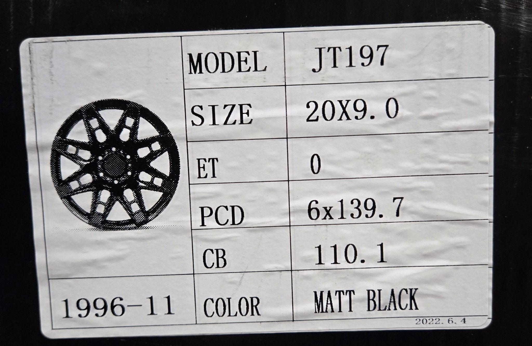 JT197 20X9.0 6X139.7 MATT BLACK