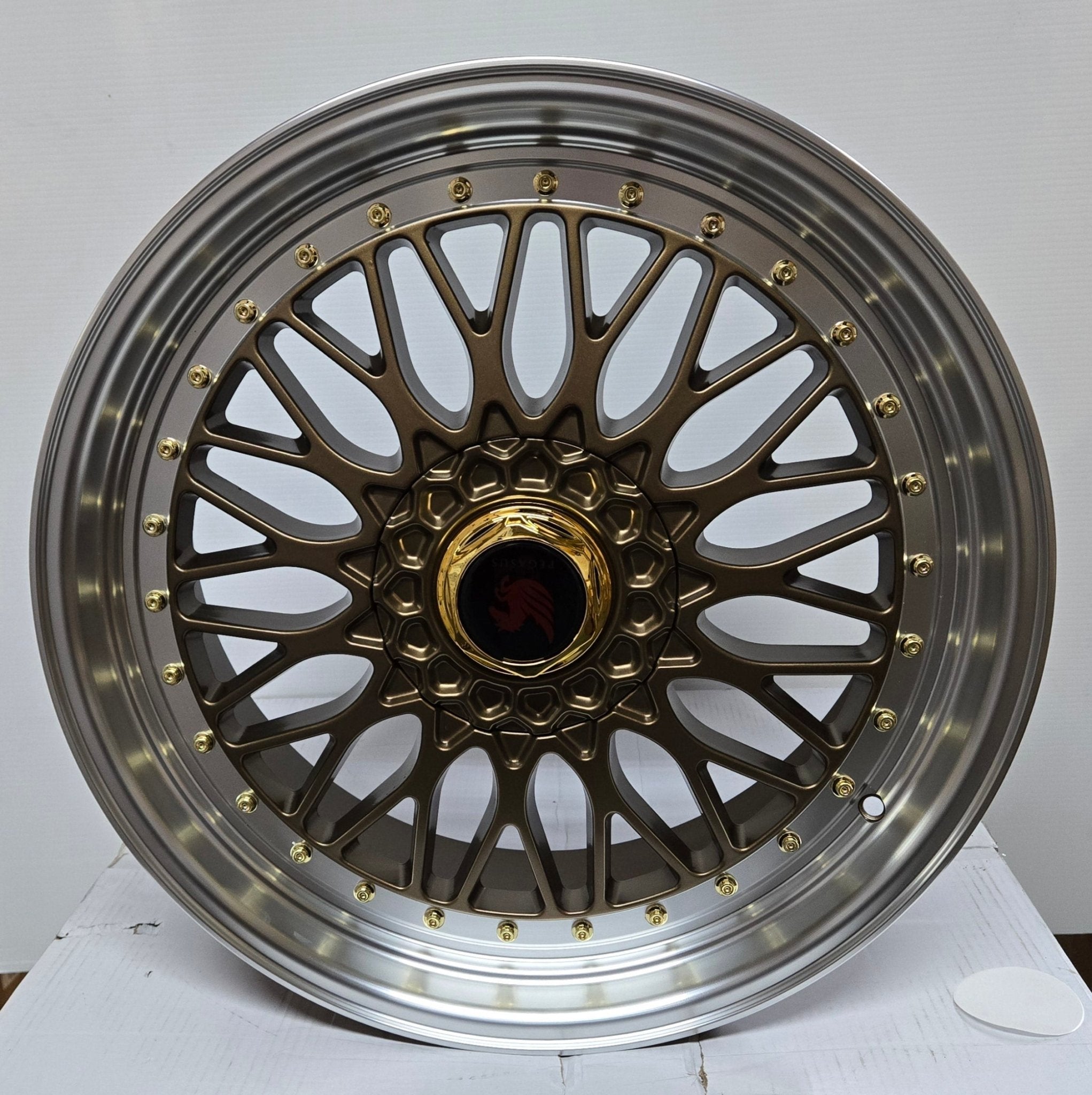 RBM1 20x8.5 5x114.3 / 5x120 MATTE BRONZE MACHINE LIP + GLOD RIVETS