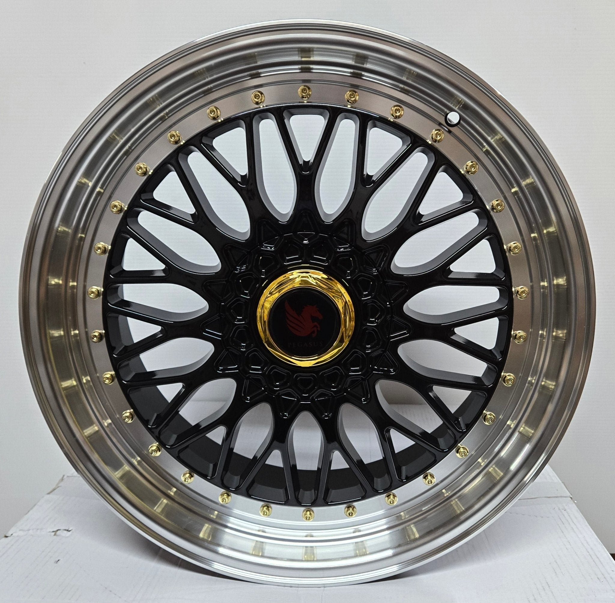 RBM1 20x8.5 5x114.3 / 5x120 GLOSS BLACK MACHINE LIP + GLOD RIVETS