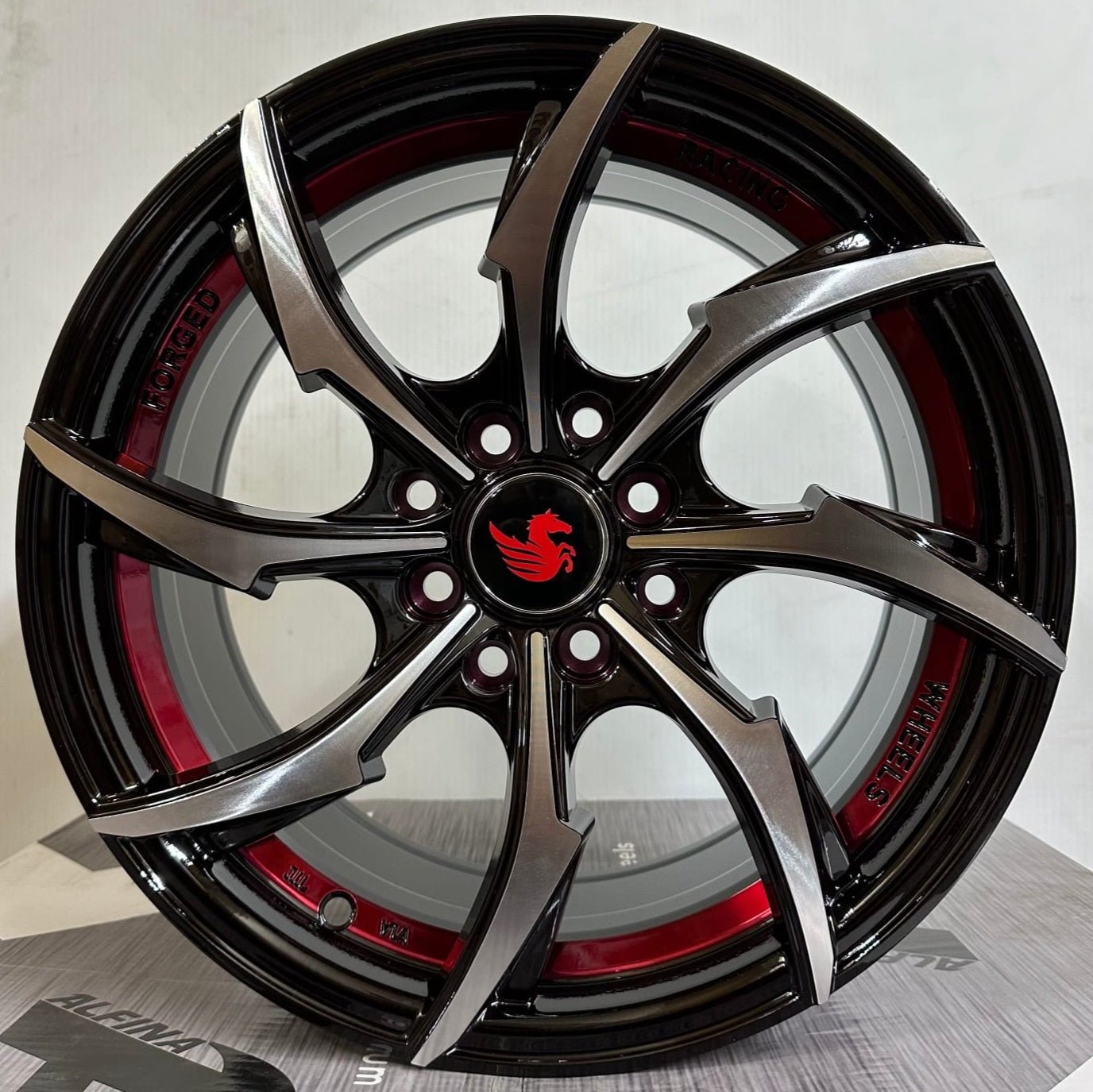 PEGASUS-G1005 15x7.0 4x100 / 4x114.3 GLOSS BLACK MACHINED FACE RED UNDER CUT