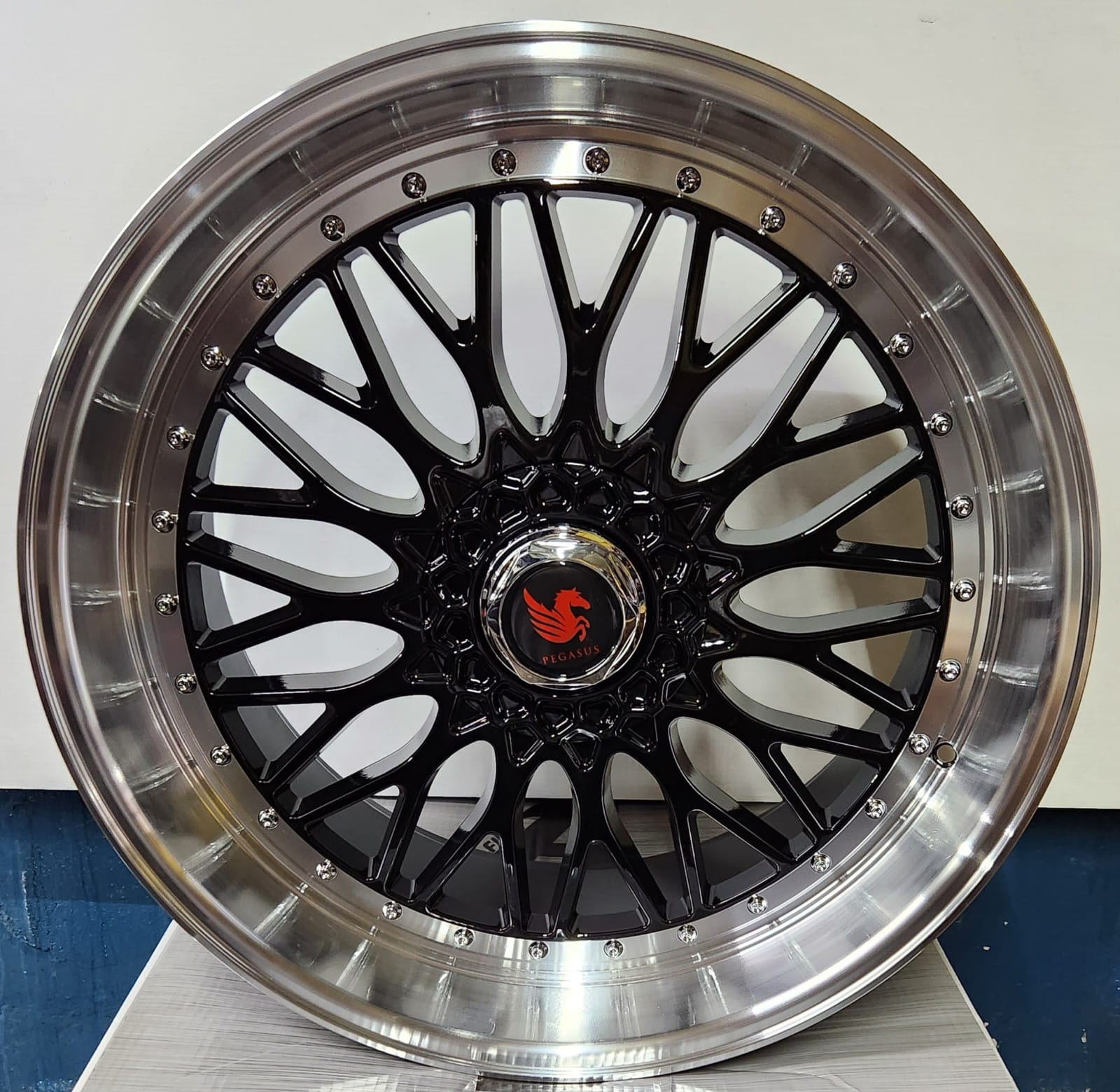 RBM1 17x7.5 5x100 / 5x114.3 GLOSS BLACK MACHINE LIP + CHROME RIVETS