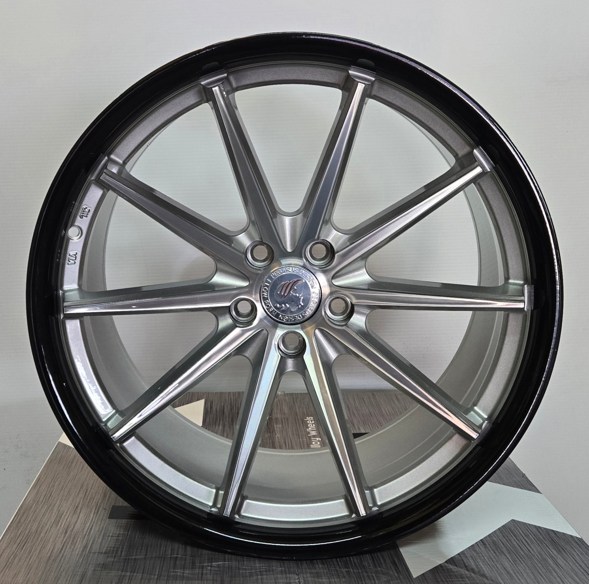 PEGASUS FF53 20X10 5X112 5X114.3 BUSHED SILVER FACE BLACK LIP