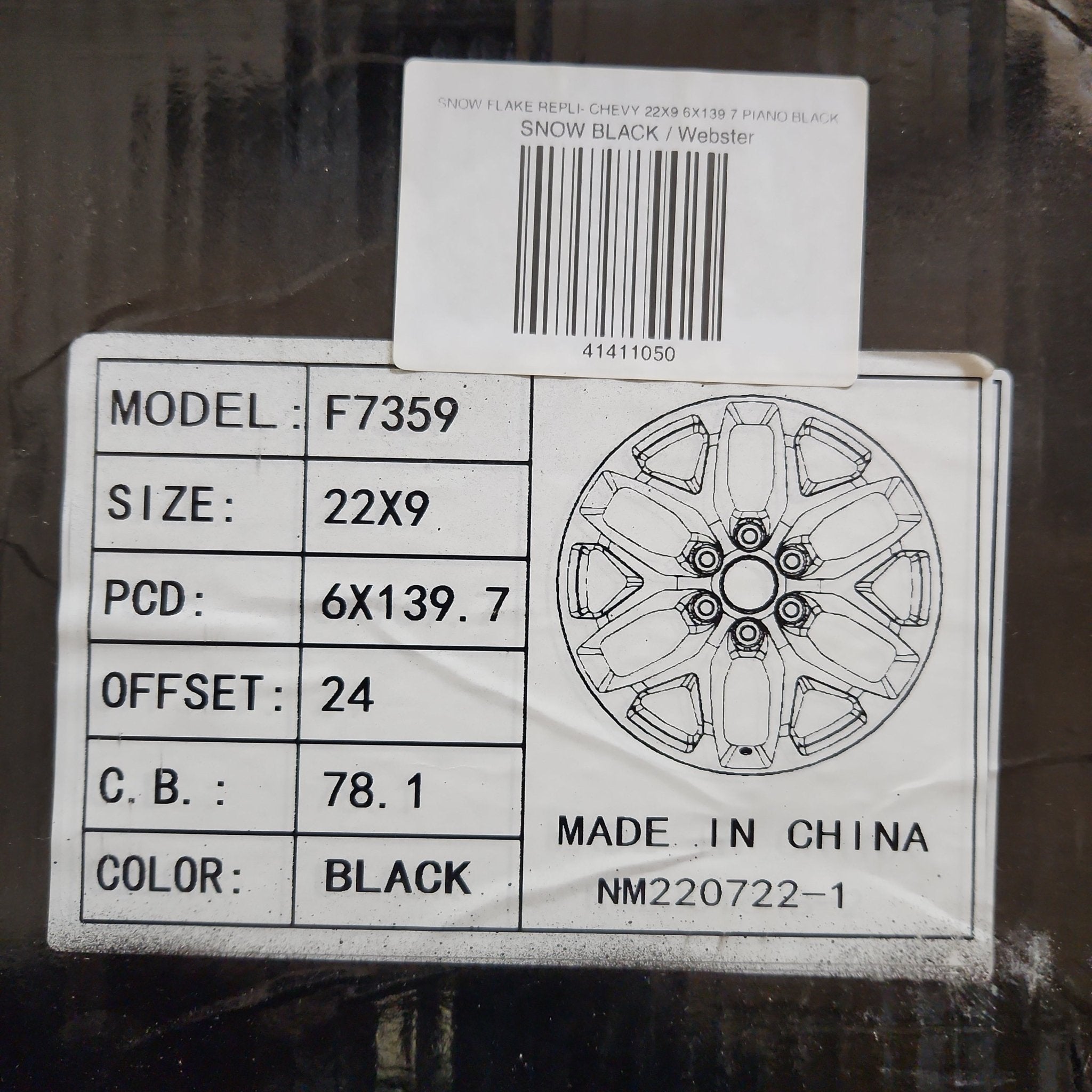 SNOW FLAKE REPLI-348N f7359 CHEVY 22X9 6X139.7 PIANO BLACK
