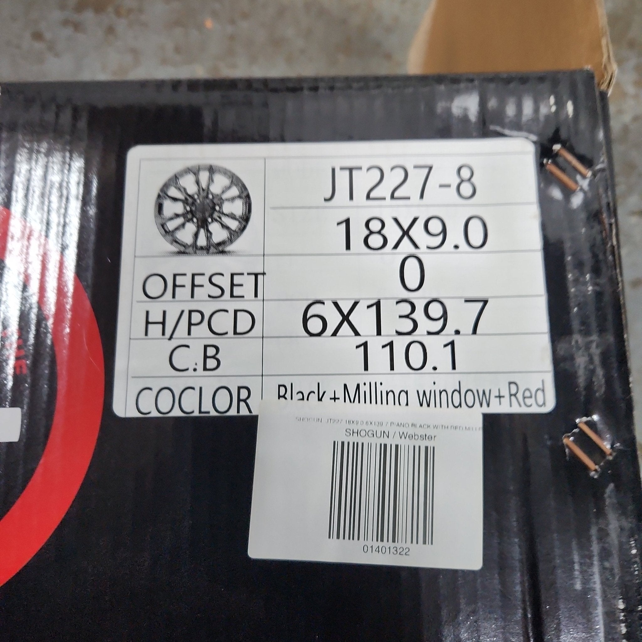 SHOGUN- JT227 18X9.0 6X139.7 PIANO BLACK WITH RED MILLED