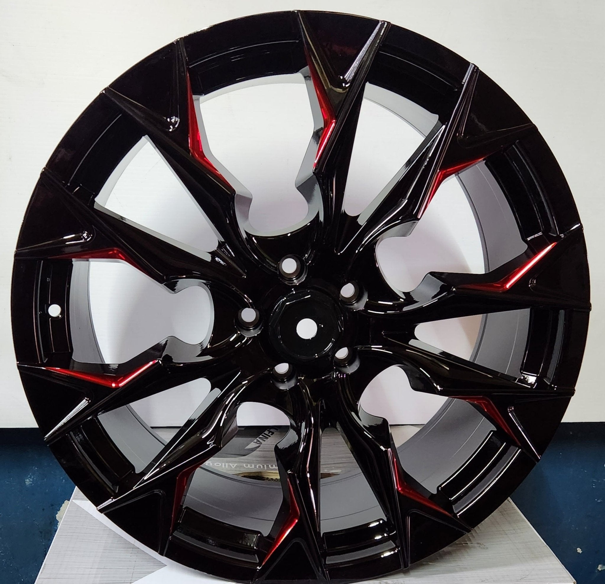 OF-14 20X9.0 5X114.3 PIANO BLACK W/RED MILLED
