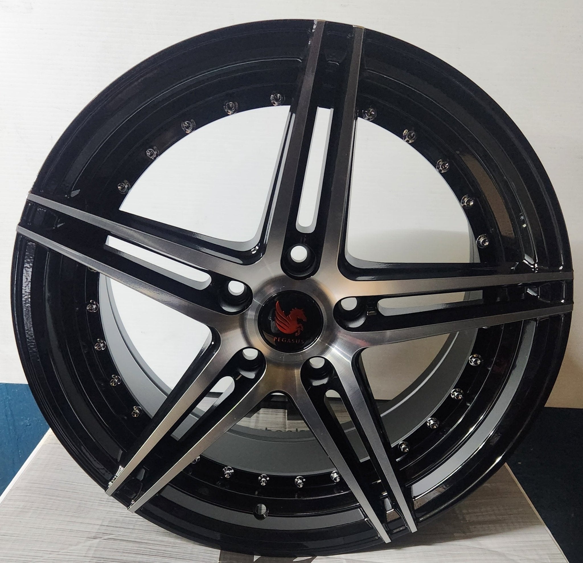 PEGASUS AD19 17X8.0 5X114.3 GLOSS BLACK MACHINED FACE WITH CHROME RIVETS