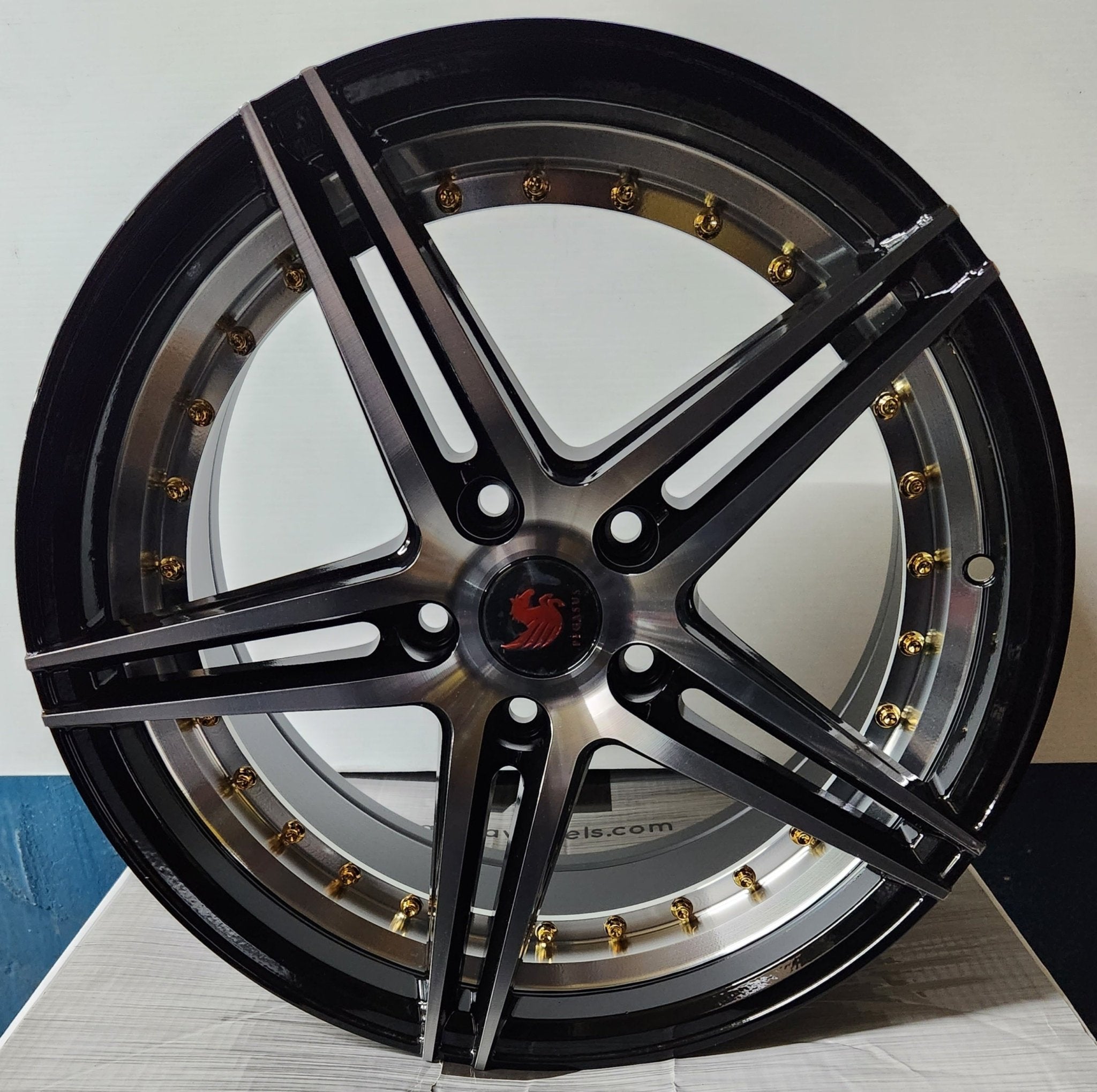 PEGASUS AD19 17X8.0 5X114.3 GLOSS BLACK MACHINED FACE WITH UNDER CUT GOLD RIVETS