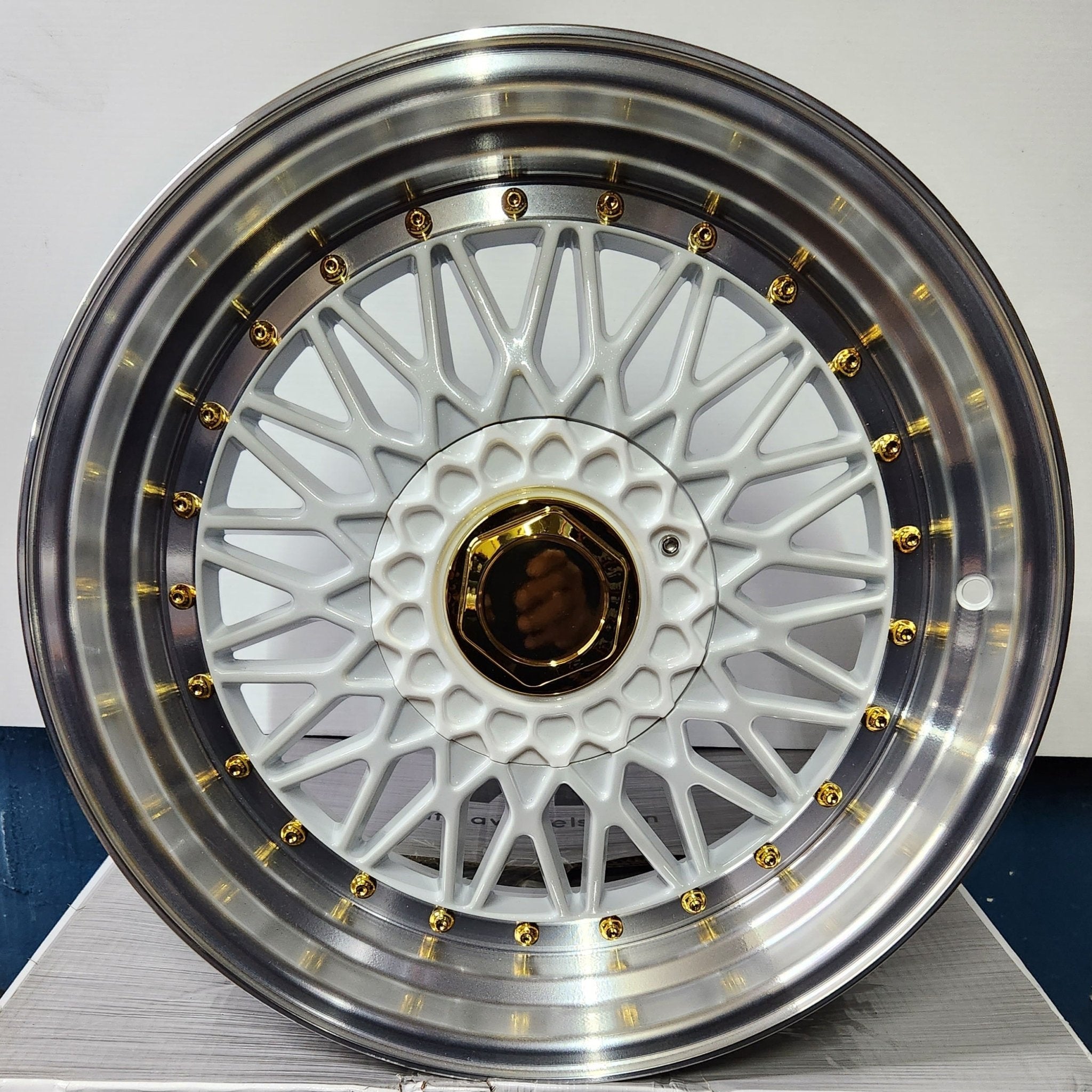 PW-RD10 17x7.5 5x114.3 / 5x120 PEARL WHITE MACHINED GOLD RIVETS (Copy)