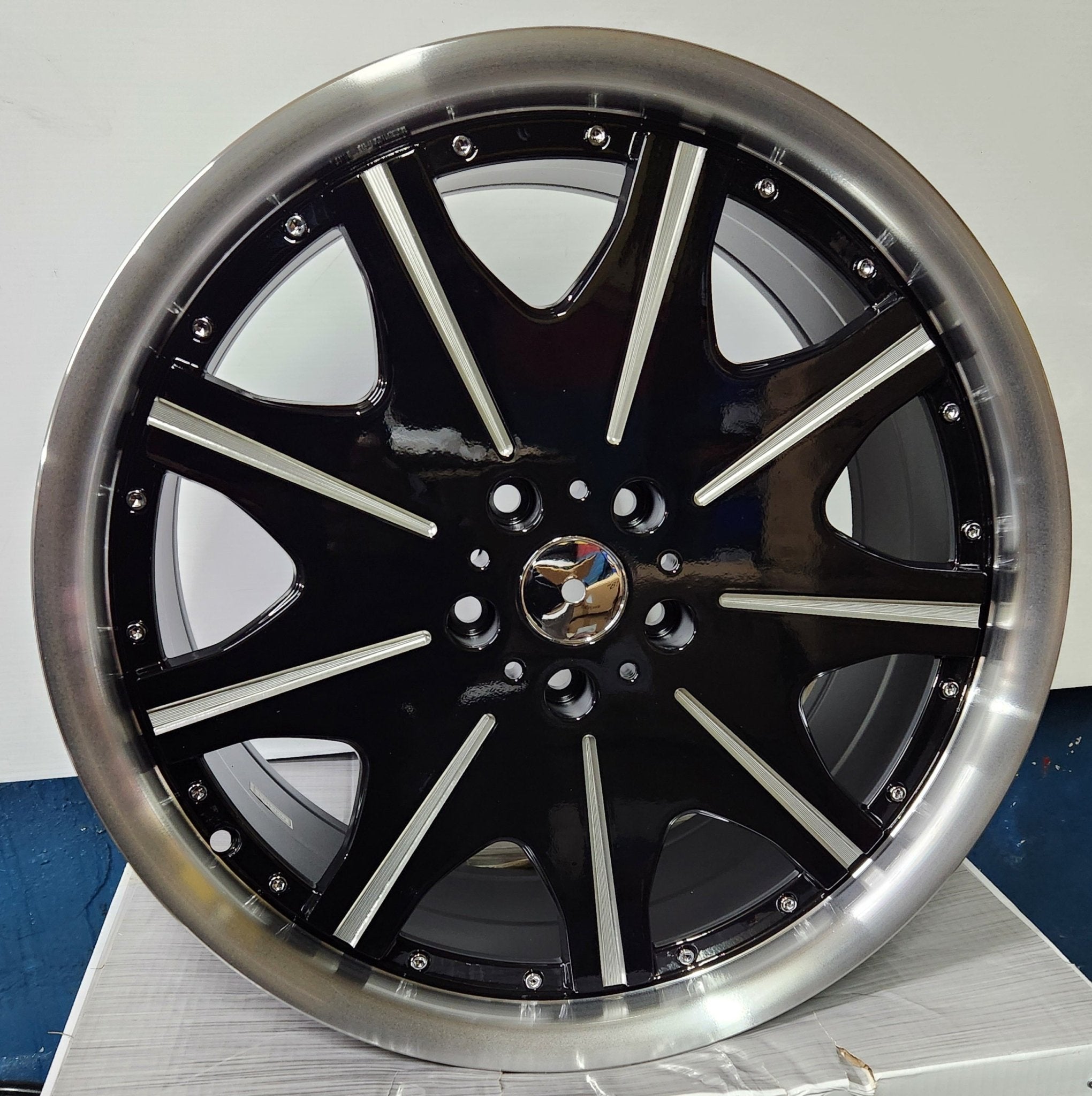 OE-10364 19x8.5 5x112 5X114.3 GLOSS BLACK MACHINED MILLED AND LIP CHROME RIVET