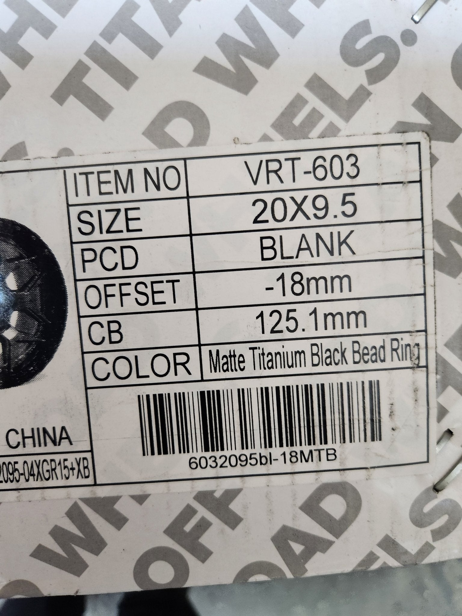 VORTEK VRT-603 20x9.5 8X165- 8X180 BLANK MATTE TITANIUM BLACK BEAD RING