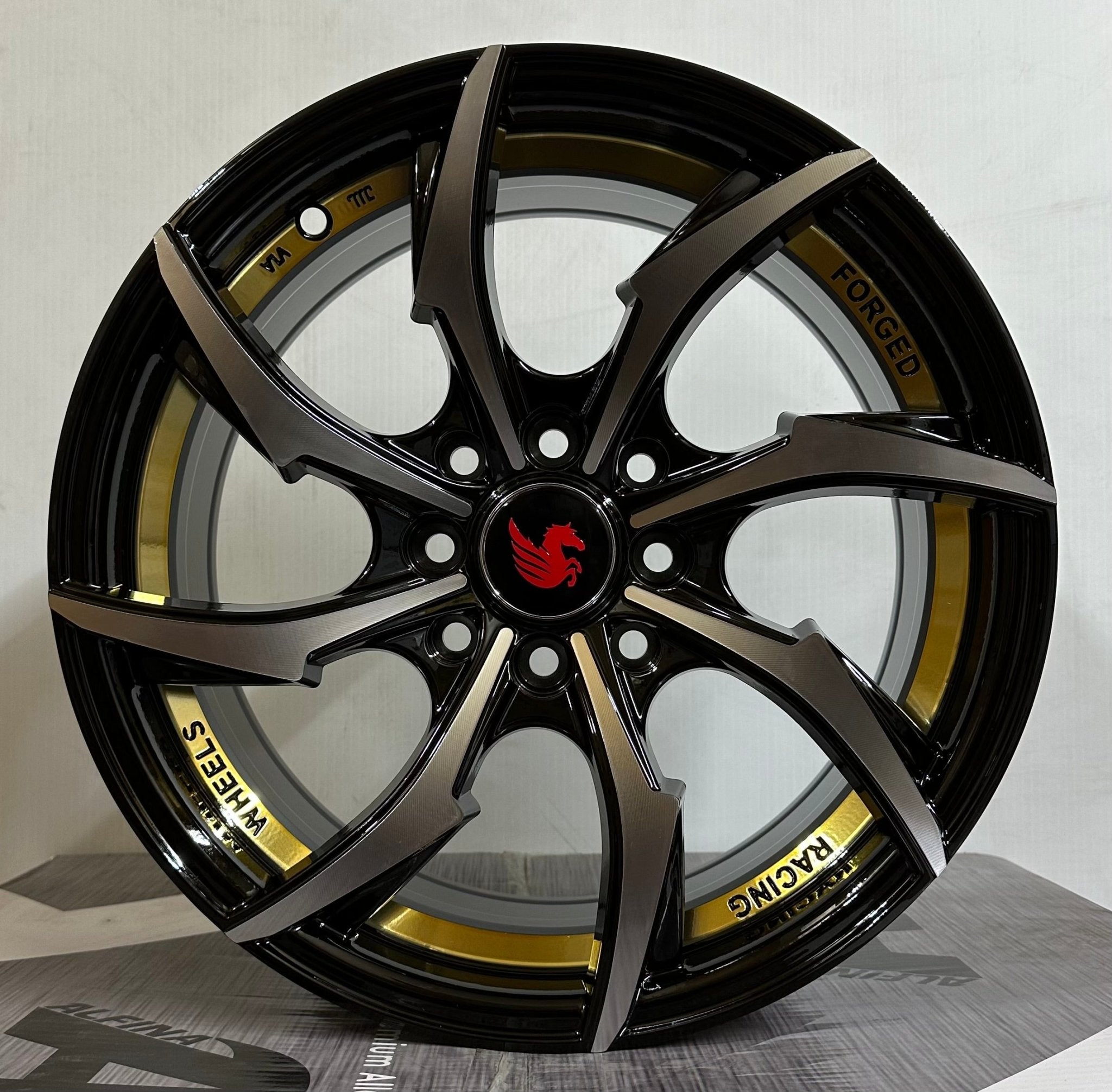 PEGASUS-G1005 15x7.0 4x100 / 4x114.3 GLOSS BLACK MACHINED FACE GOLD UNDER CUT