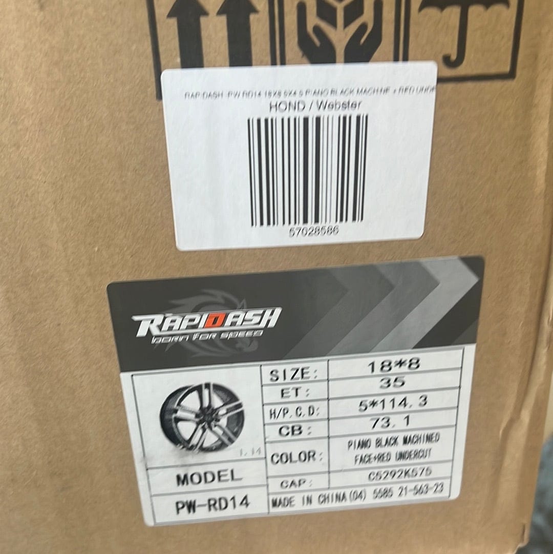 RAPIDASH -PW RD14 18X8 5X4.5 PIANO BLACK MACHINE + RED UNDER CUT