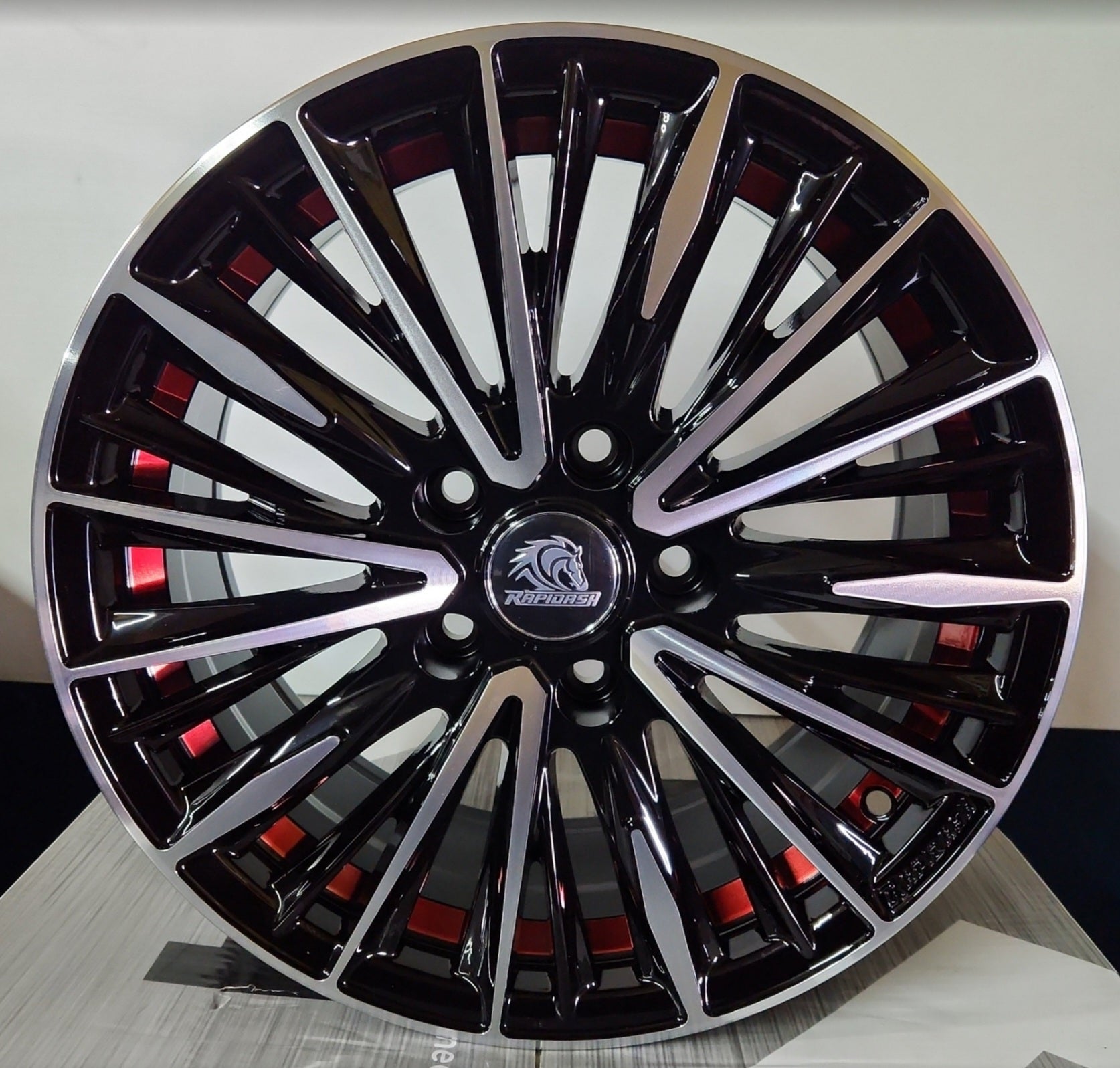 RAPIDASH RD-M008 16X7 5X114.3 PIANO BLACK MACHINED FACE W RED UNDERCUT
