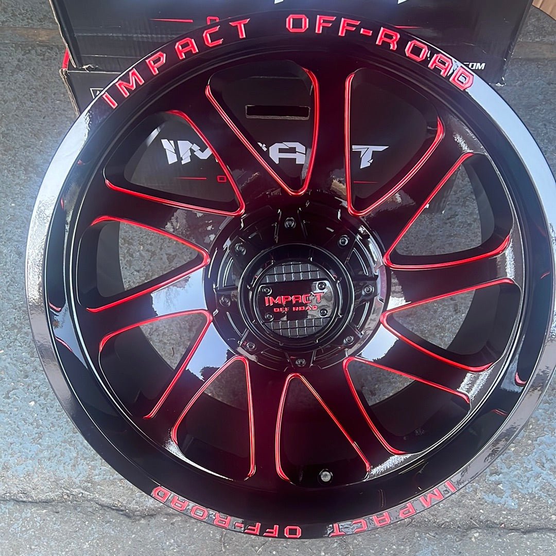 IMPACT OFF ROAD  825  20X10 6X135- 6X5.5 PIANO  BLACK WITH RED MILLING WINDOWS