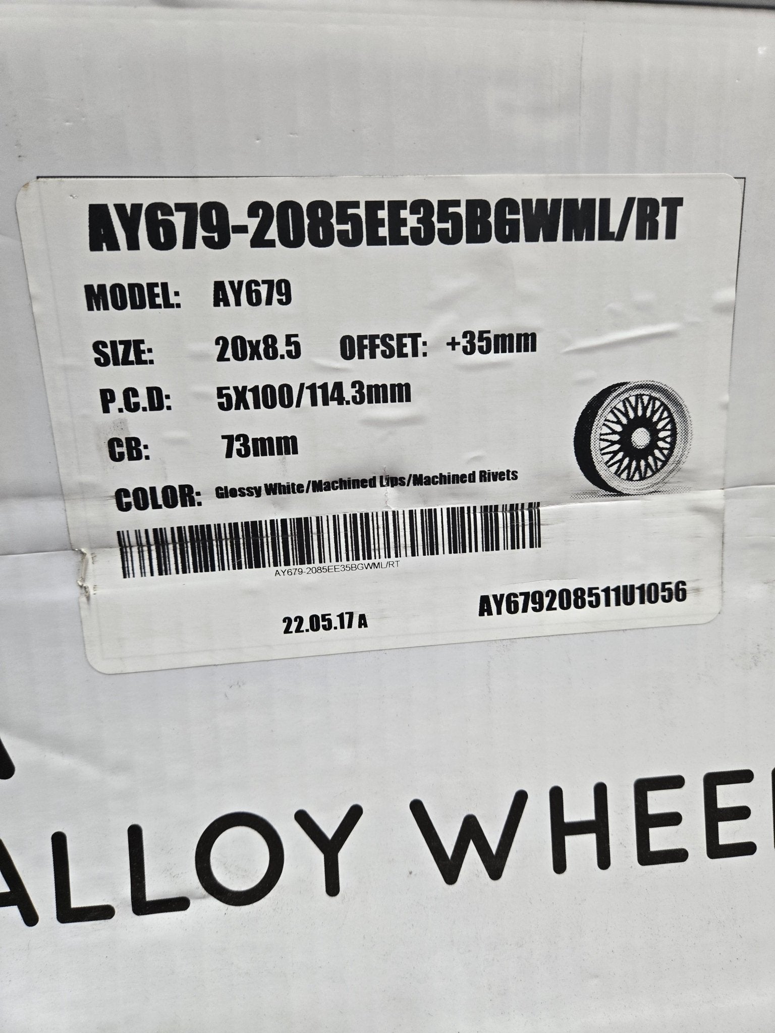Alfina AY679 20x8.5 5x100 / 5x114.3 GLOSSY WHITE MACHINED LIPS CHROME RIVETS
