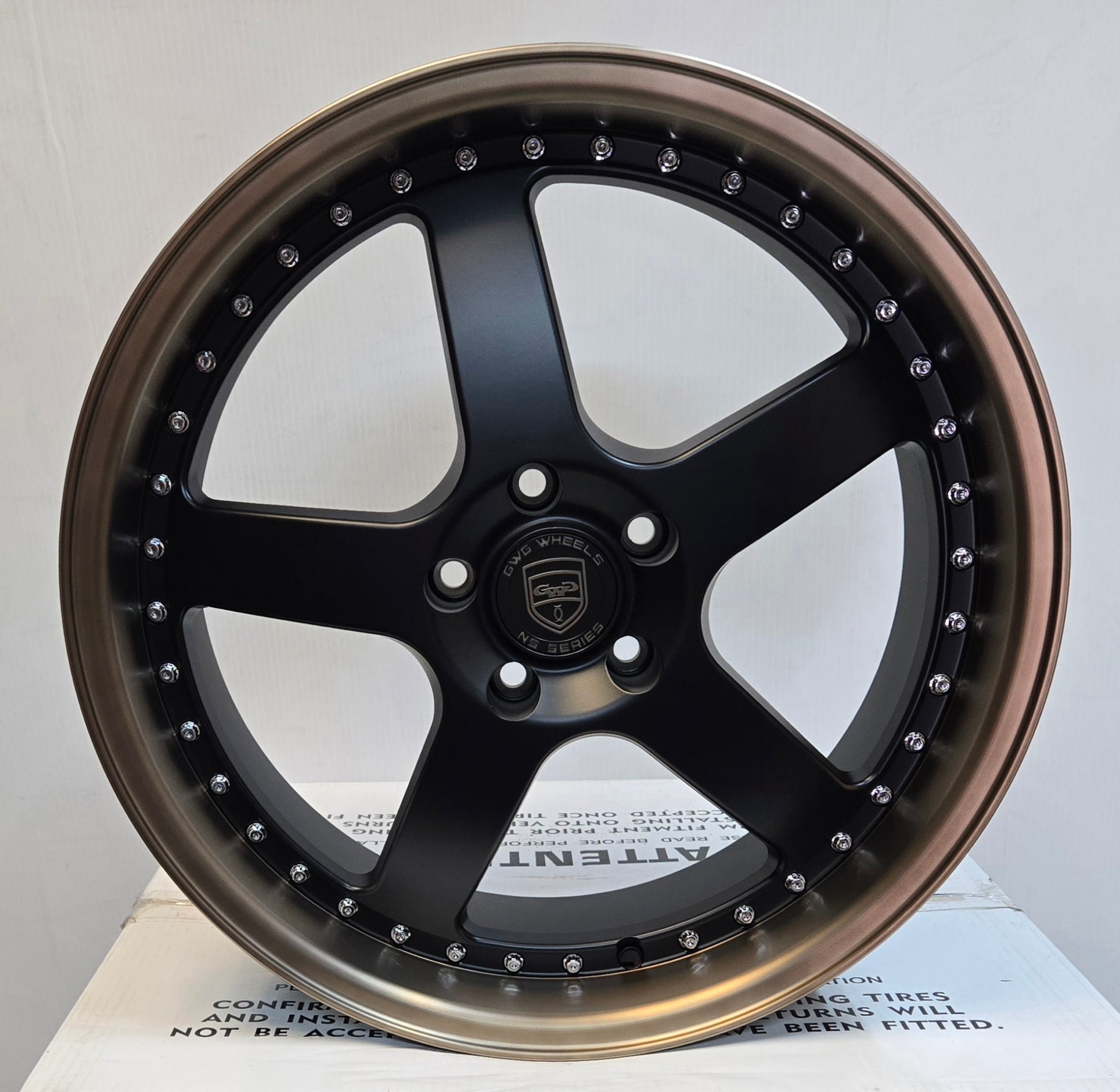 GWG NS8 19x8.5 SATIN BLACK BRONZE LIP BLACK RIVETS