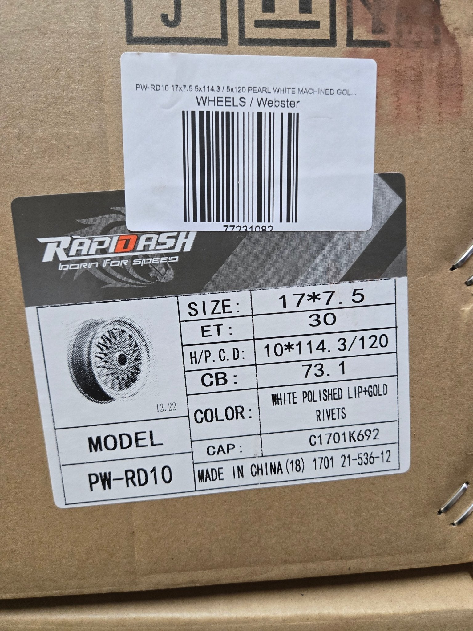 PW-RD10 17x7.5 5x114.3 / 5x120 PEARL WHITE MACHINED GOLD RIVETS (Copy)