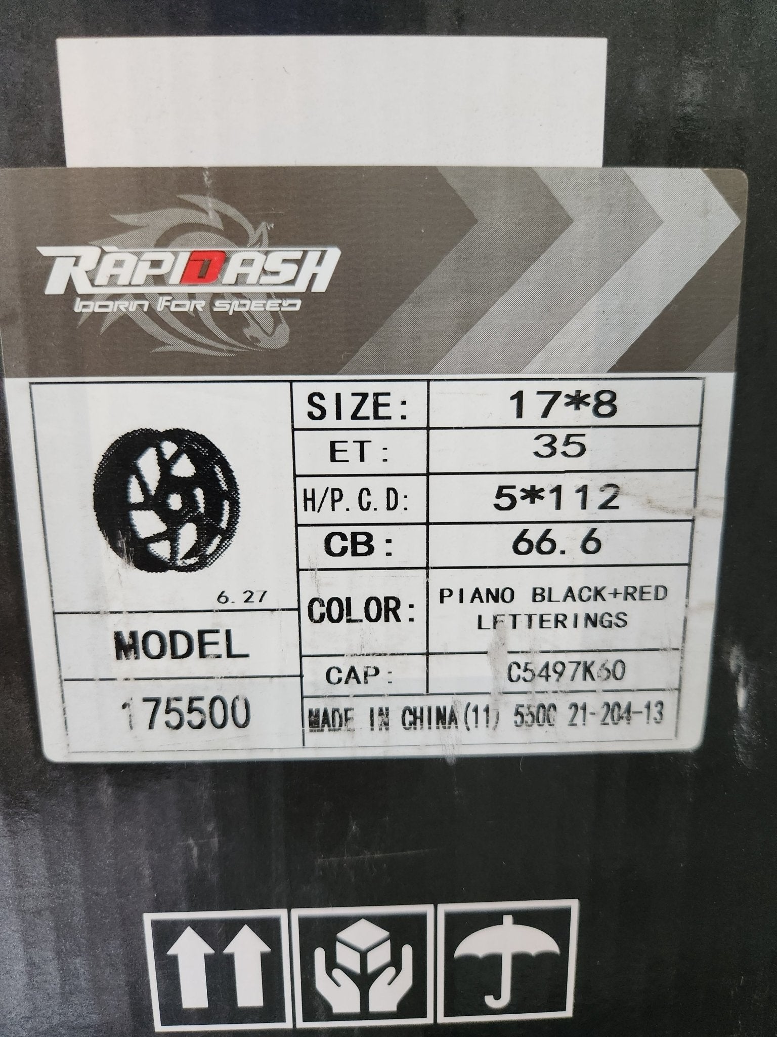 RAPIDASH RD-V9 17X8.0 5X112 GLOSS BLACK  WITH RED LETTERING