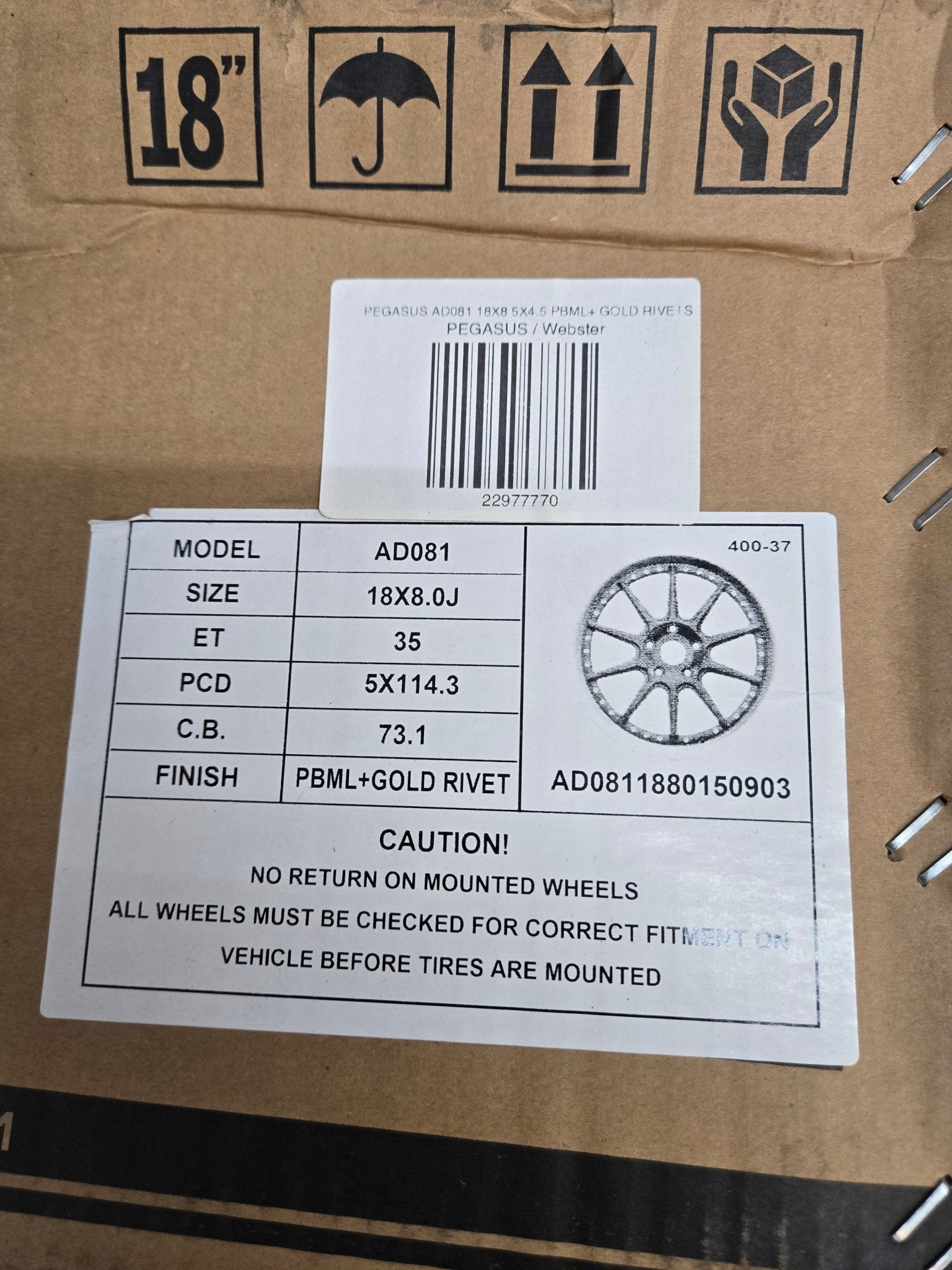 PEGASUS AD081 18X8 5X4.5 PBML+ GOLD RIVETS