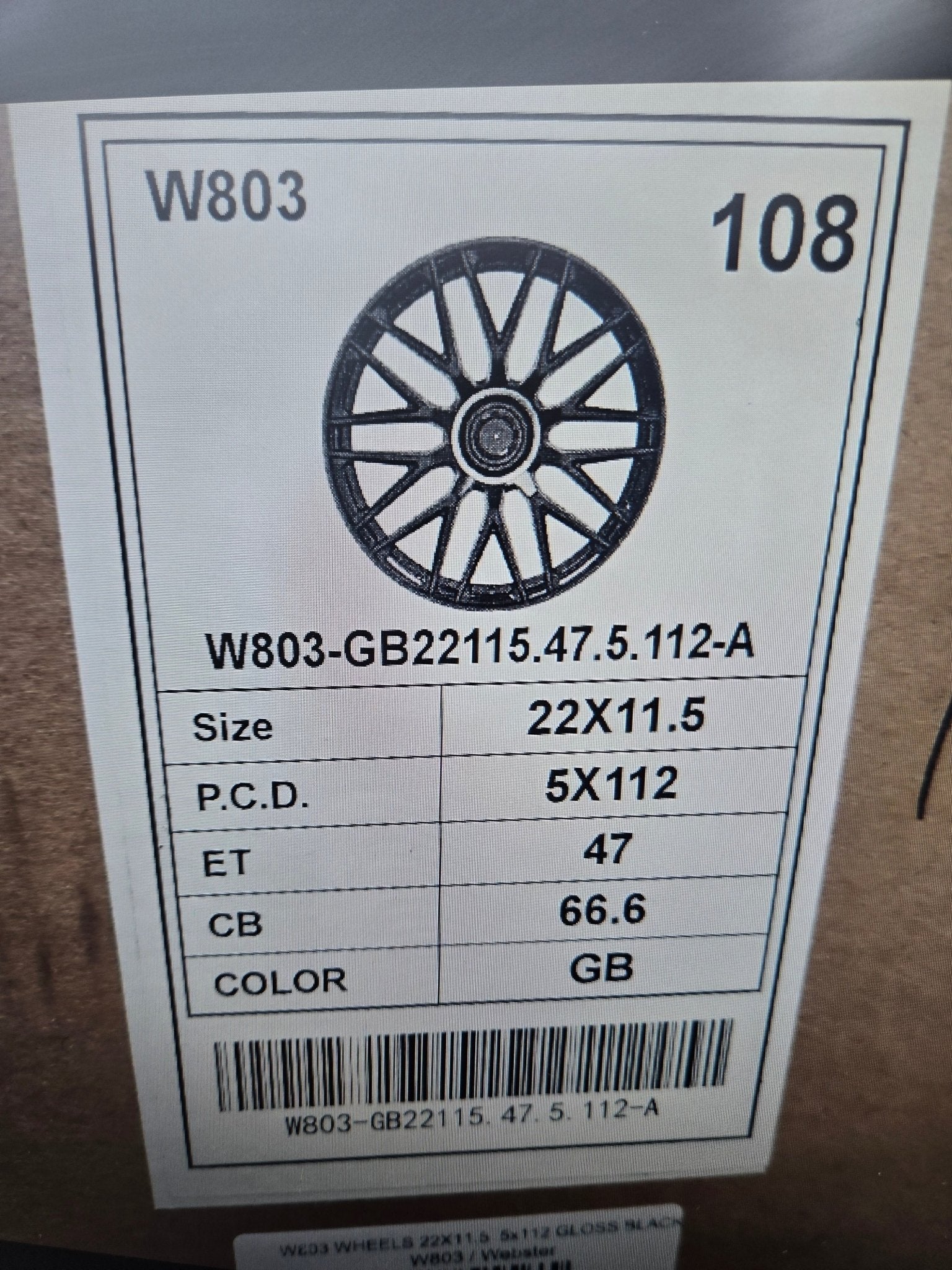 W803 22X11.5 5X112 ET47 GLOSS BLACK
