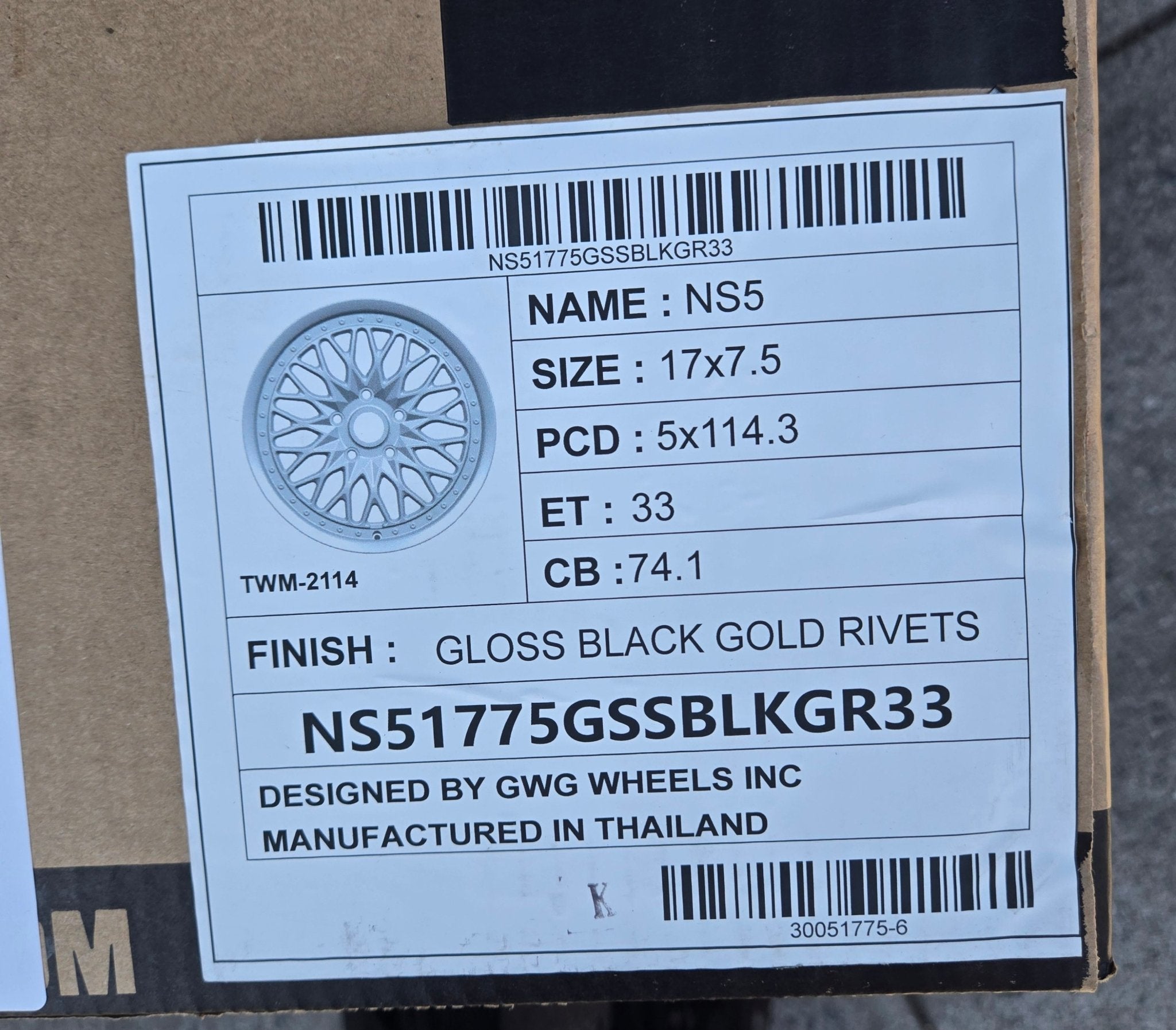 GWG NS5 17X7.5 5X114.3 GLOSS BLACK GOLD RIVWTS